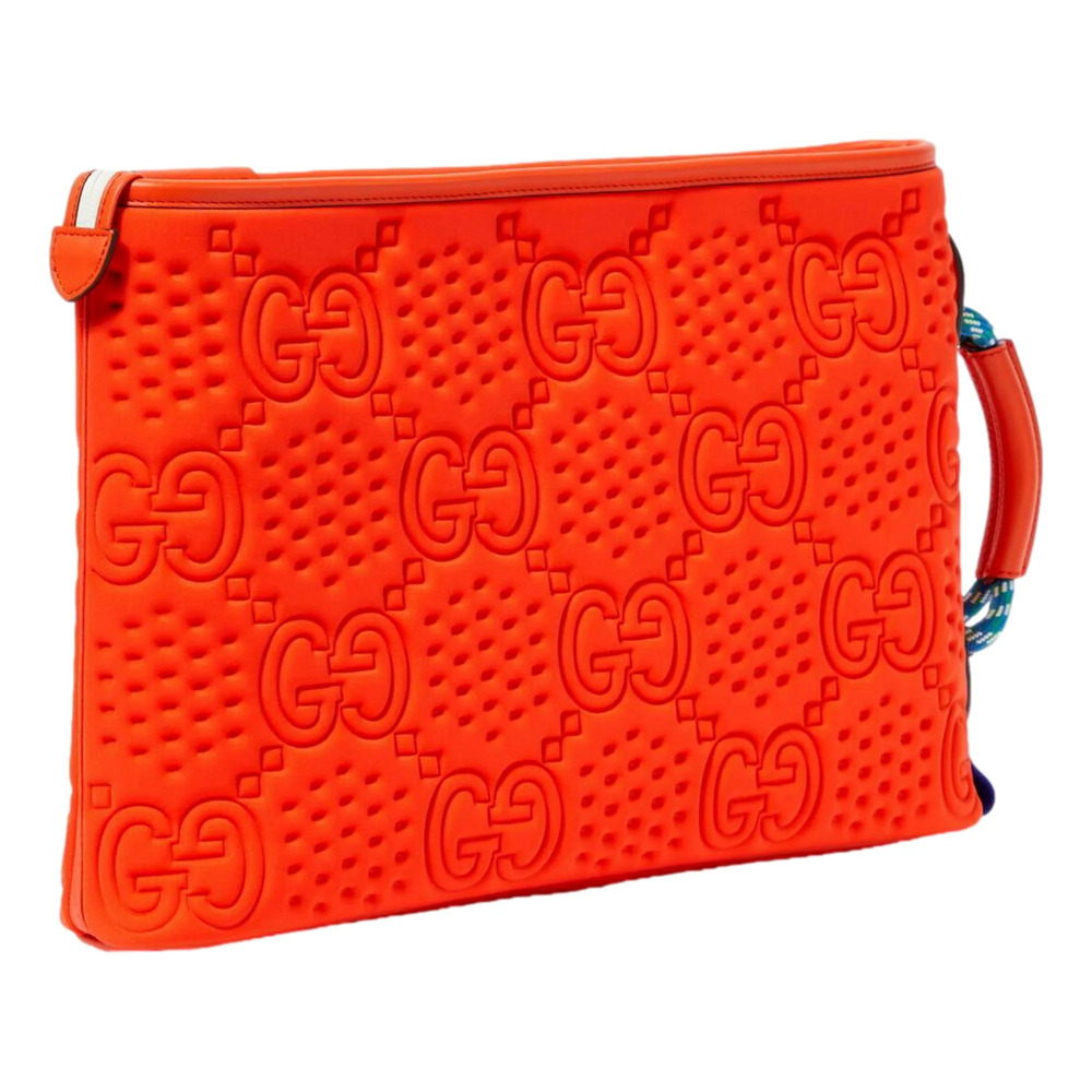 Gucci Off The Grid GG Embossed Orange Rubber Pouch Clutch